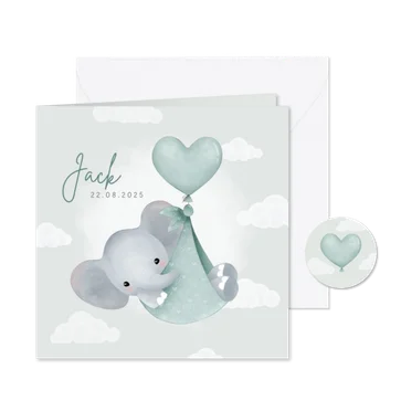 Lief geboortekaartje olifantje in draagzak, ballon & wolkjes